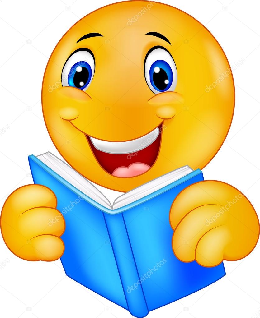 Happy smiley emoticon cartoon reading book