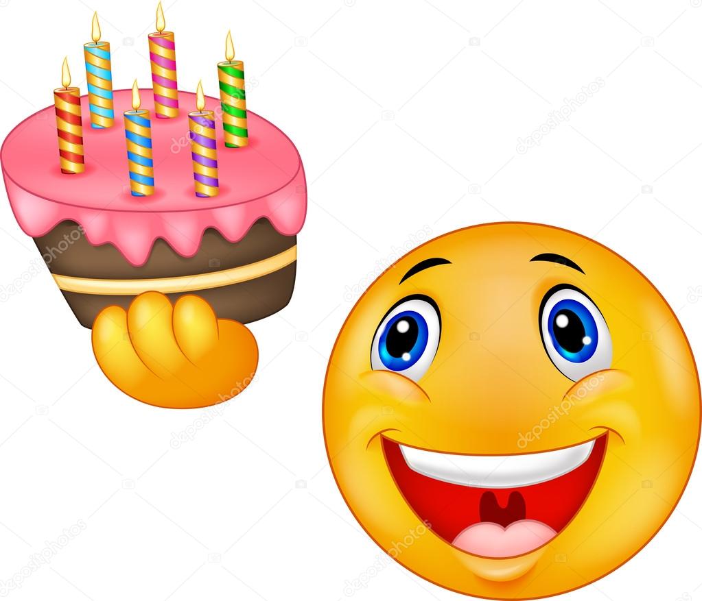 Smiley emoticon cartoon holding birthday cake