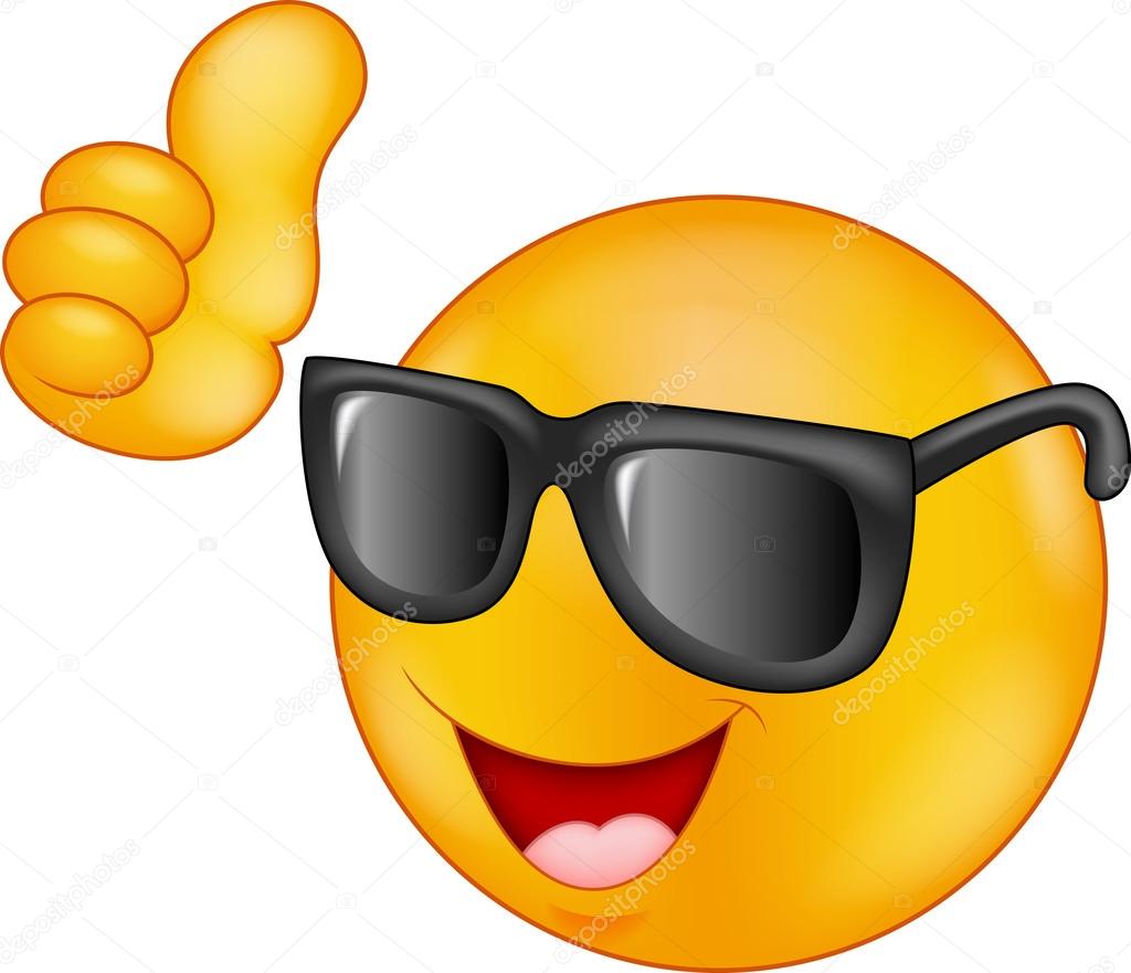 Smiling emoticon cartoon wearing sunglasses giving thumb up