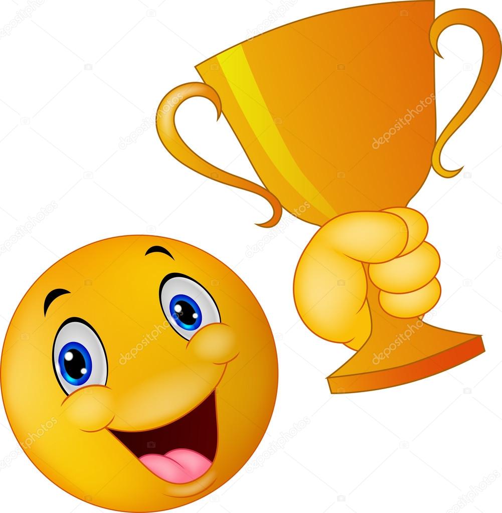 Happy smiley emoticon cartoon holding trophy