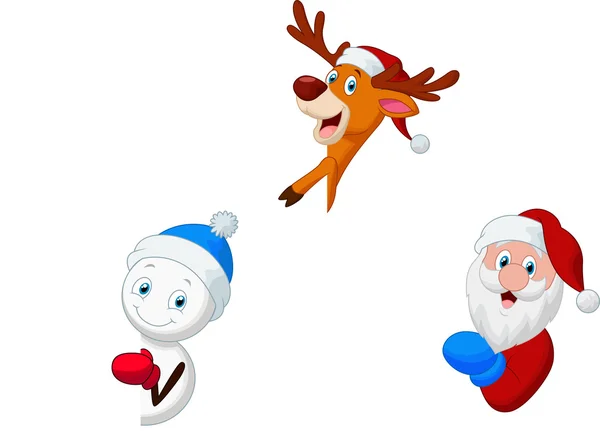 Cartoon Santa, deer and snowman with blank sign — Stock Vector