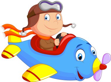 Cartoon Little Boy Operating a Plane clipart