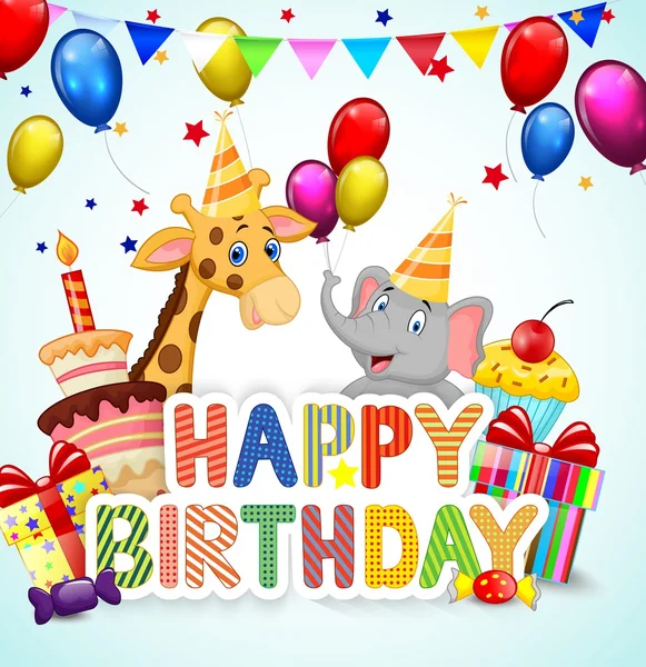 Birthday background with cartoon elephant and giraffe — Stock Vector