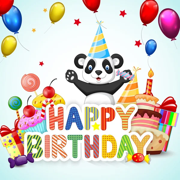 Sfondo compleanno con felice cartone animato panda — Vettoriale Stock