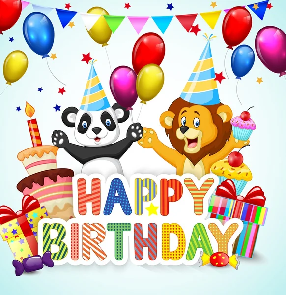 Birthday bakgrund med tecknad lejon och panda — Stock vektor