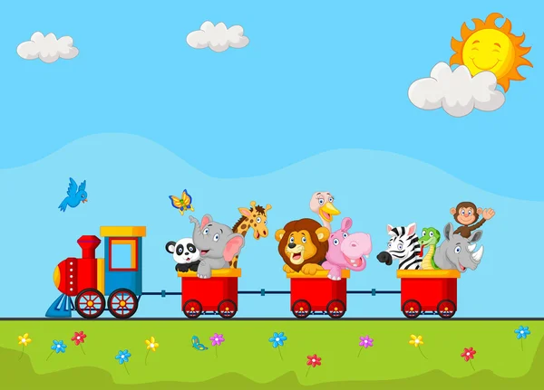 Fondo de cumpleaños con dibujos animados animales felices en el tren — Vector de stock