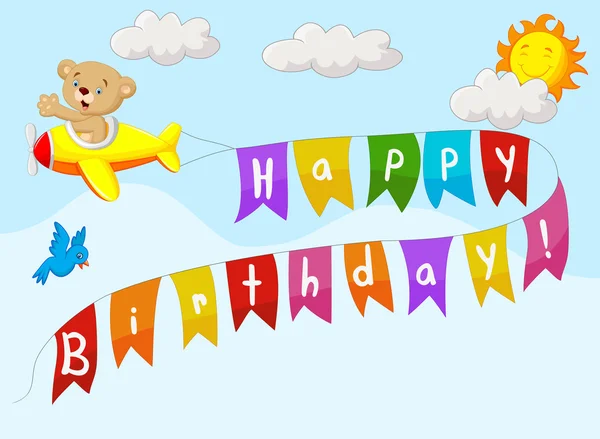 Birthday background with bear cartoon on plane — Stock Vector
