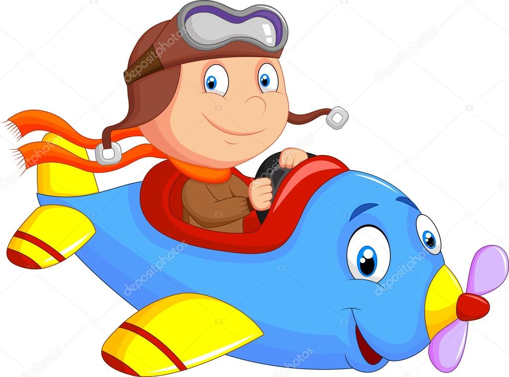 Cartoon Little Boy Operating a Plane