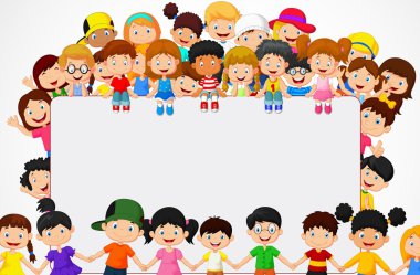 Crowd children cartoon with blank sign clipart