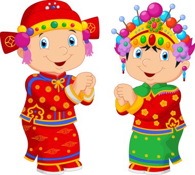 Çince geleneksel kostüm giyen çizgi film Çinli çocuklar