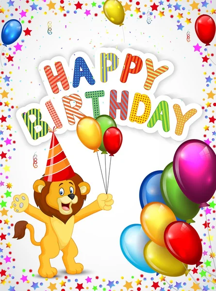 Birthday bakgrund med glad lion cartoon — Stock vektor