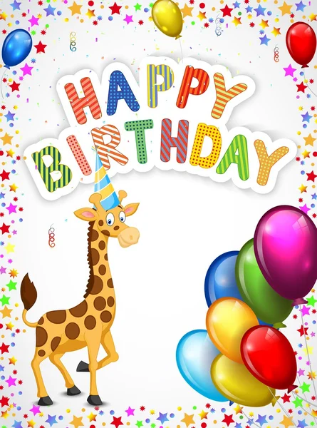 Cartone animato di compleanno con giraffa felice — Vettoriale Stock