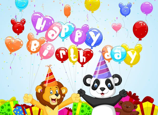 Fondo de cumpleaños con león de dibujos animados y panda — Archivo Imágenes Vectoriales