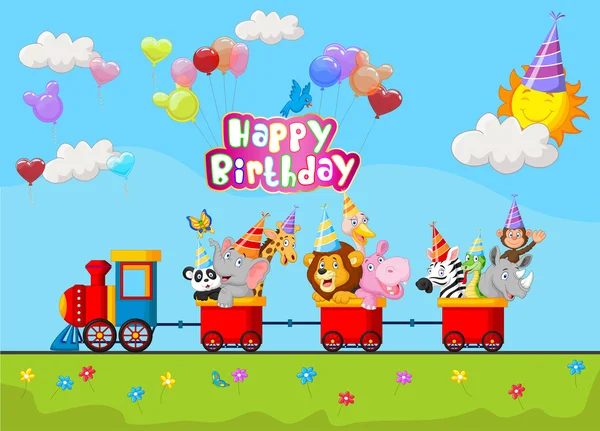 Fond d'anniversaire avec dessin animé animal heureux sur le train — Image vectorielle