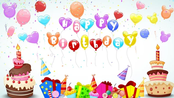 Fundo de aniversário com balão colorido de desenhos animados e bolo de aniversário — Vetor de Stock