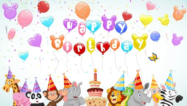 Aniversário fundo com animais felizes desenhos animados — Vetor de Stock