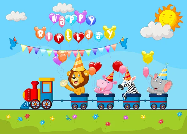 Fondo de cumpleaños con dibujos animados animales felices en el tren — Archivo Imágenes Vectoriales