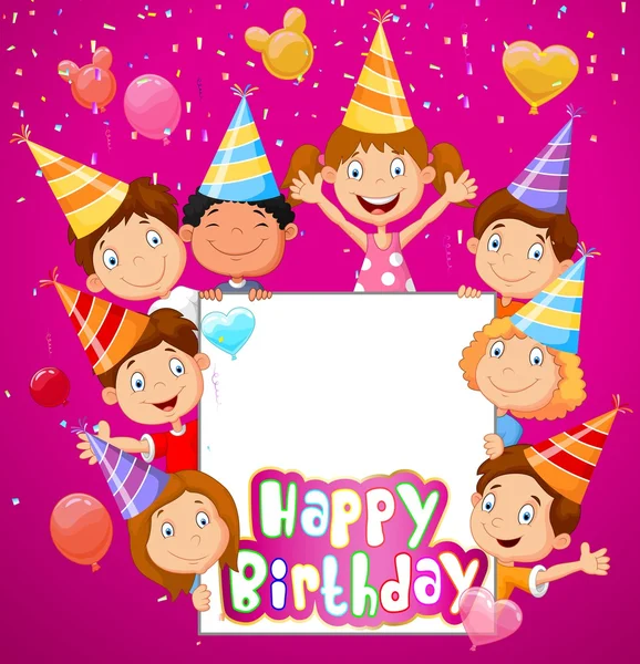 Birthday background with happy children cartoon — Stock Vector