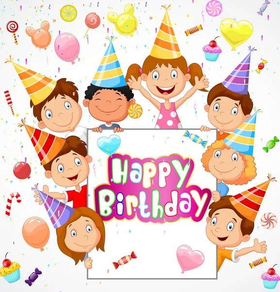 Birthday background with happy children cartoon — Stock Vector