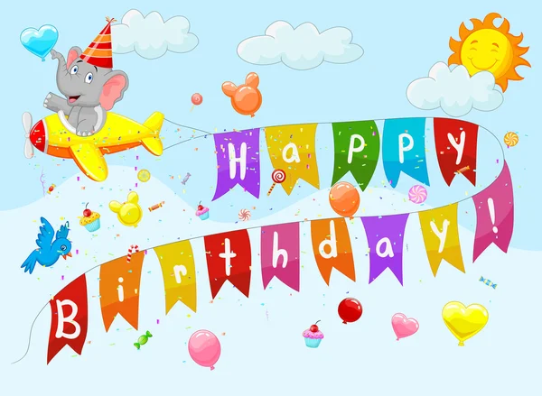 Birthday background with elephant cartoon on plane — Stock Vector