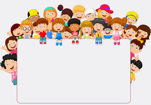 Crowd dibujos animados para niños con signo en blanco — Vector de stock