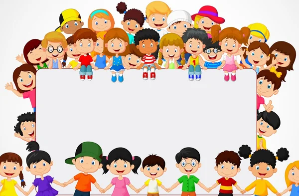 Crowd dibujos animados para niños con signo en blanco — Vector de stock