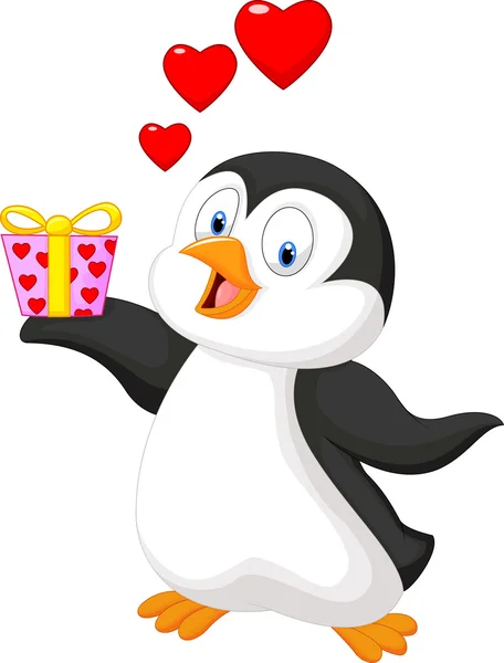 Dessin animé pingouin tenant cadeau — Image vectorielle