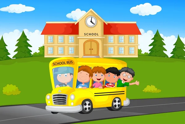 Escuela Niños dibujos animados Montar un Schoolbus — Archivo Imágenes Vectoriales