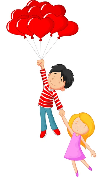 Happy couple cartoon flying with love shape balloon — Stock Vector