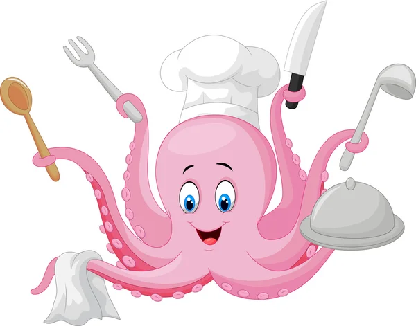 Cartoon octopus chef holding cooking tools — Stock Vector