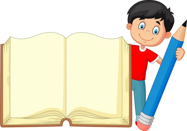 Мультфильм мальчик держит гигантские книги и карандаши — стоковый вектор