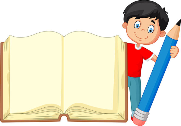 Cartoon boy holding giant book and pencil