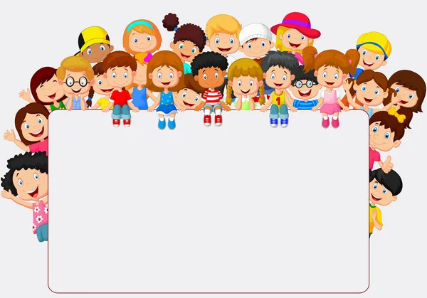 Crianças multidão desenhos animados com sinal em branco —  Vetores de Stock