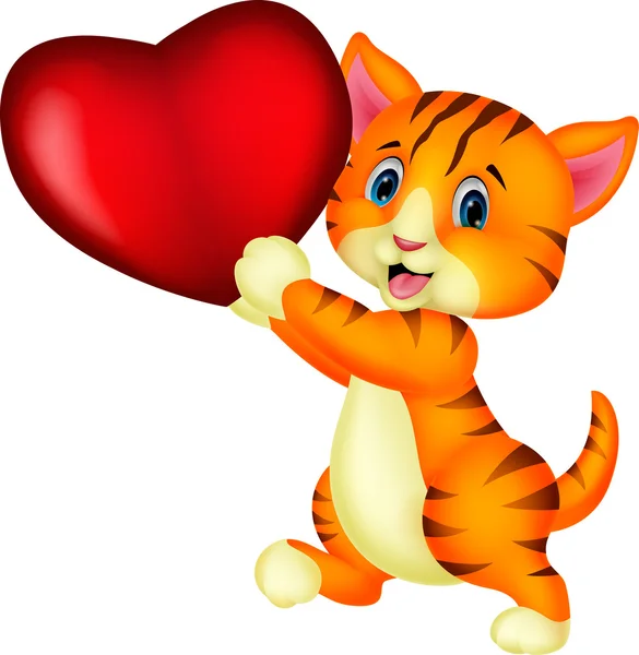 Cartoon cat holding red heart — Stock Vector