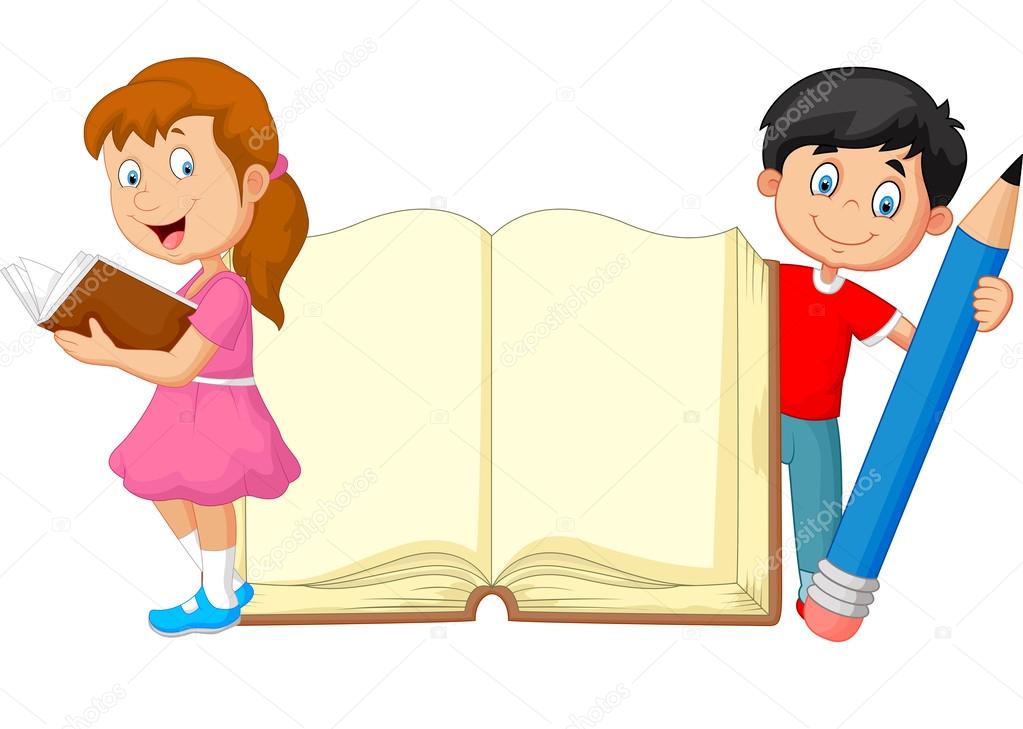 Niños De Dibujos Animados Con Libro Y Lápiz Vector De Stock De