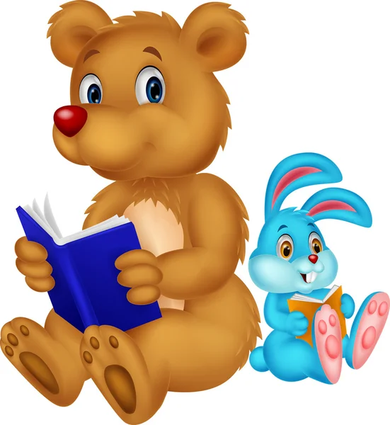 Cartoon-Bär und Kaninchen lesen Buch — Stockvektor