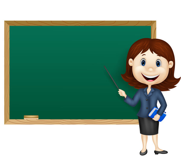 Cartoon female teacher standing next to a blackboard