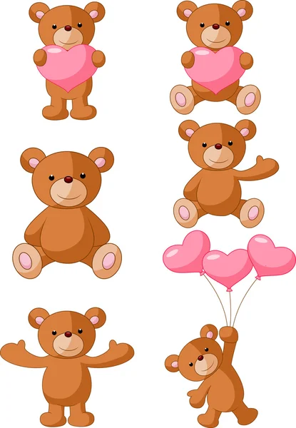 Urso dos desenhos animados com conjunto de coleção coração rosa —  Vetores de Stock