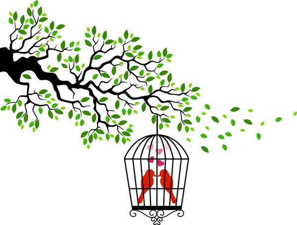 Silueta de árbol con pájaros en una jaula — Archivo Imágenes Vectoriales