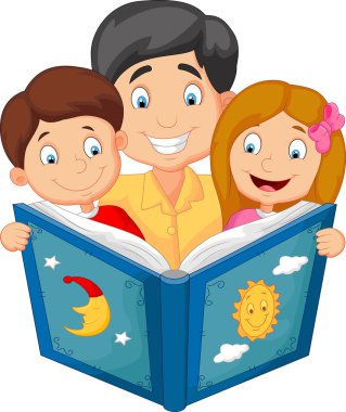 Cartoon father reading with his children clipart