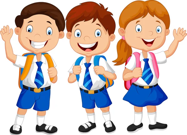 Glada skolbarn cartoon viftande hand — Stock vektor