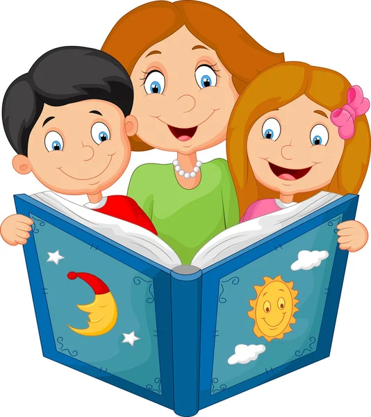 Cartoon mother reading with his children — Stock Vector