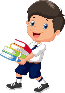 Bir yığın kitap tutan çizgi film çocuk