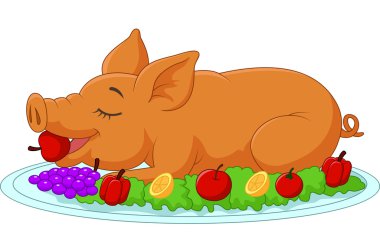 Cartoon drilled suckling pig on a plate clipart