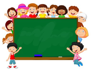 Kara tahta ile kalabalık çocuk karikatür