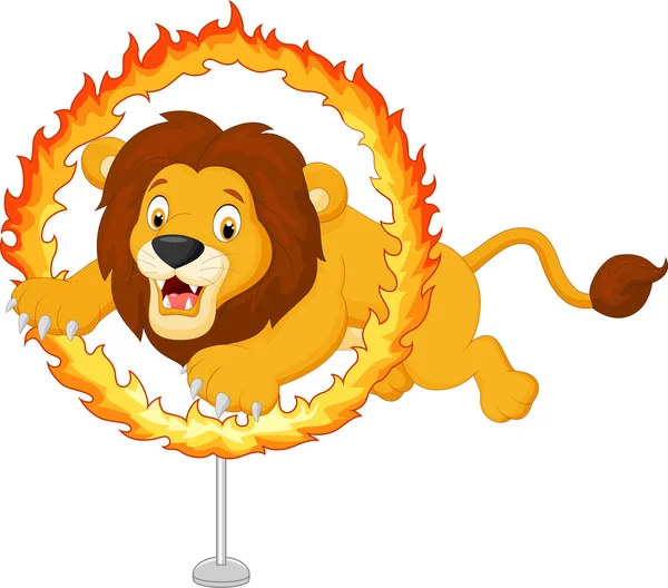 Kreskówka lew skacze przez pierścień ognia — Wektor stockowy