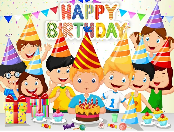 Happy boy cartoon blowing birthday candles with his friends — Stock Vector