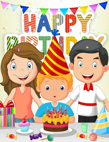 Счастливый мальчик мультфильм задувает свечи на день рождения со своей семьей — стоковый вектор