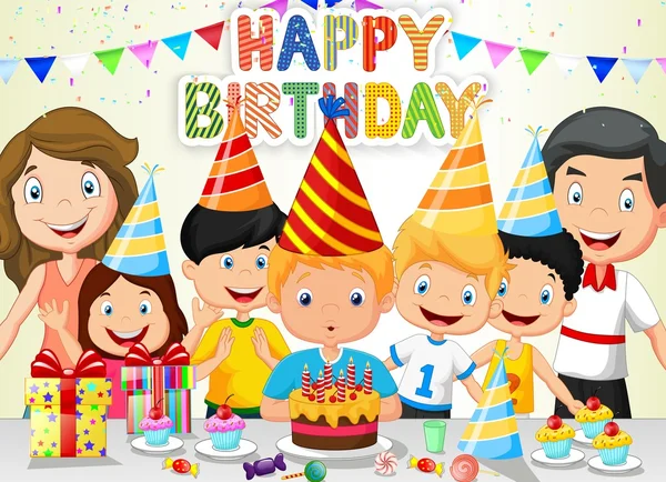 Joyeux garçon dessin animé soufflant bougies d'anniversaire avec sa famille et ses amis — Image vectorielle
