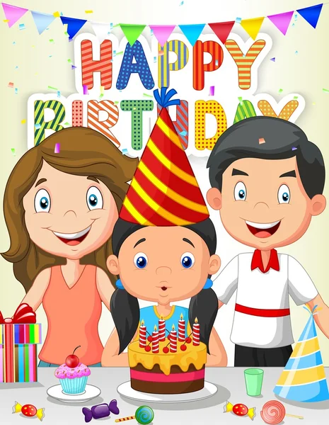 Feliz menina desenhos animados soprando velas de aniversário com sua família —  Vetores de Stock